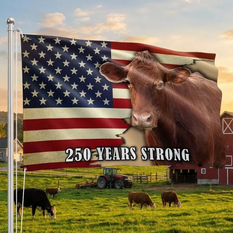 1776-2026 America 250 Years Strong Cow Flag | Patriotic Farmer Gift | July 4th Decor