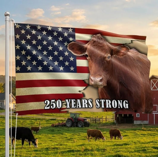 1776-2026 America 250 Years Strong Cow Flag | Patriotic Farmer Gift | July 4th Decor