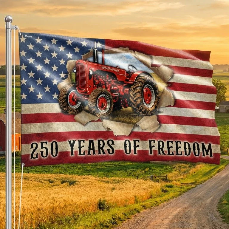 Tractor Farmer Flag, 250 Years of Freedom Red Tractor