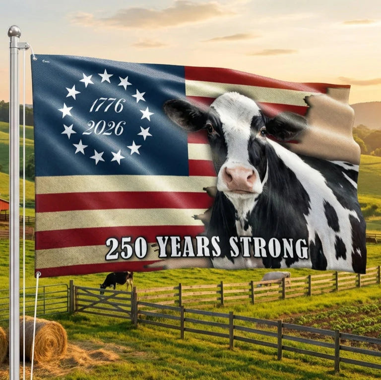 250 Years Strong Dairy Cow American Flag for Farm Patriotic Deco