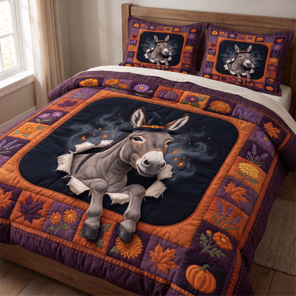 Witchy Halloween Donkey Quilt Bedding Set - Farmhouse Autumn Floral Comforter with Pillowcases, Funny Donkey Print, Twin Full Queen King Cal King