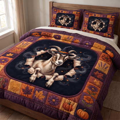 Witchy Halloween Goat Quilt Bedding Set - Farmhouse Autumn Floral Comforter with Pillowcases, Funny Goat Print, Twin Full Queen King Cal King