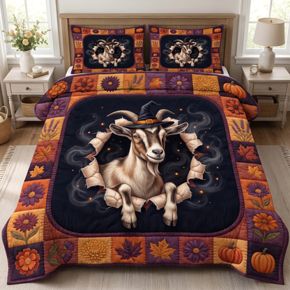 Witchy Halloween Goat Quilt Bedding Set - Farmhouse Autumn Floral Comforter with Pillowcases, Funny Goat Print, Twin Full Queen King Cal King