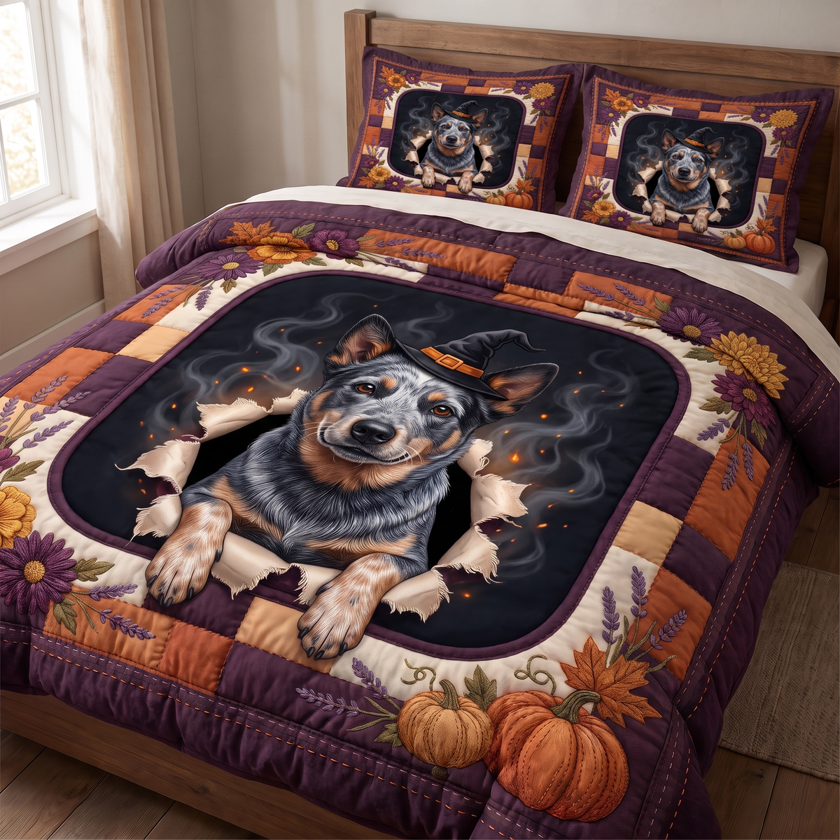 Witchy Halloween Blue Heeler Quilt Bedding Set - Farmhouse Autumn Floral Comforter