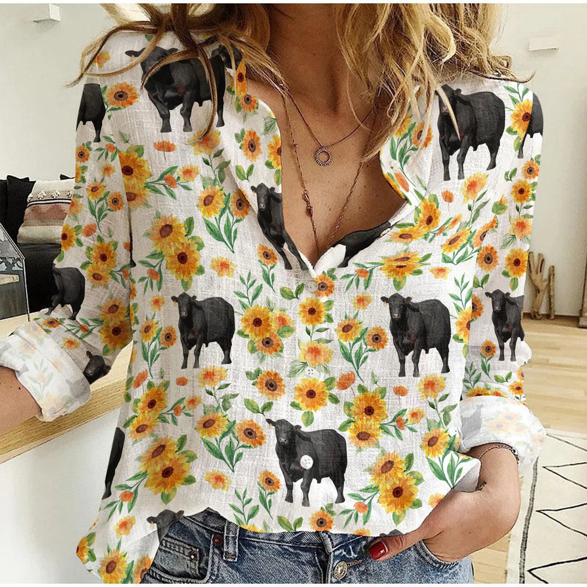 Black Angus Sunflower Women Casual Shirt — Sunflower Cattle Button  Down Shirt For Black Angus Lovers