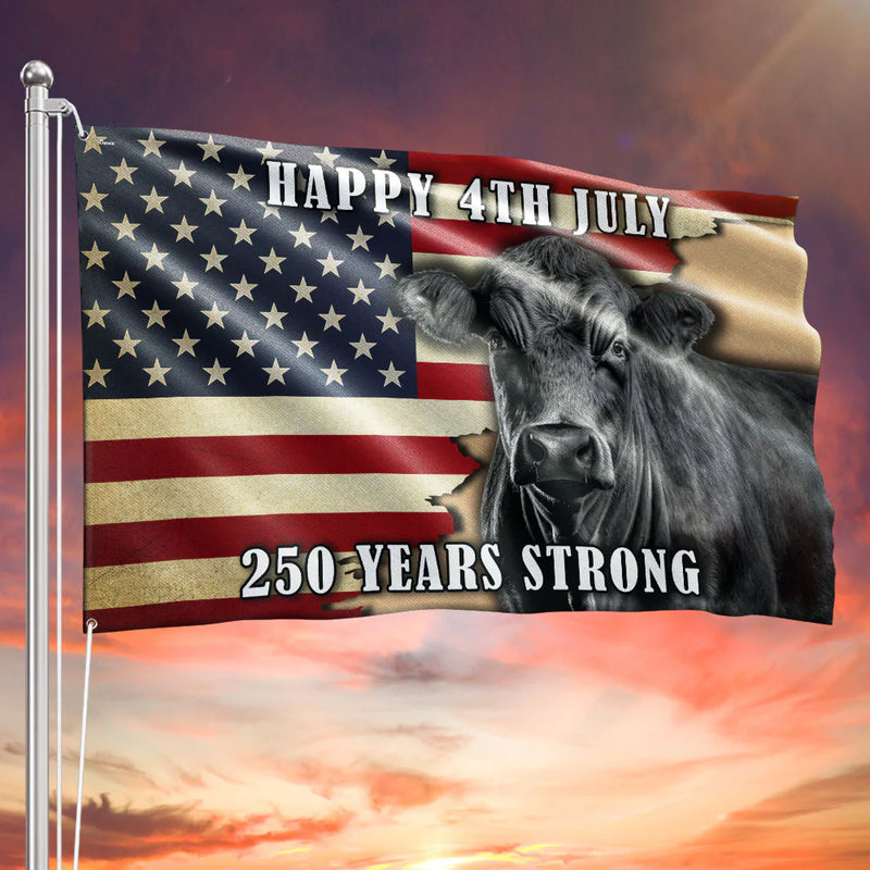 Black Angus Cattle Flag, 250 Years Strong Patriotic Cow Farm