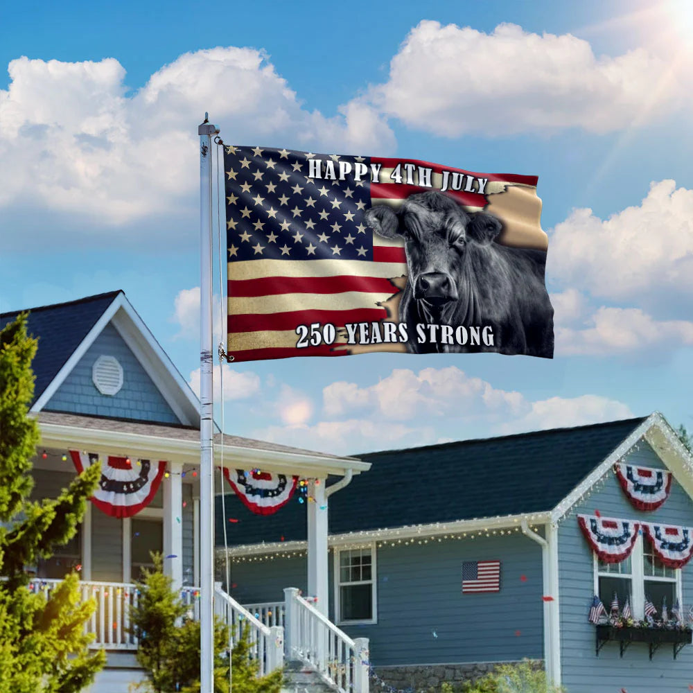 Black Angus Cattle Flag, 250 Years Strong Patriotic Cow Farm