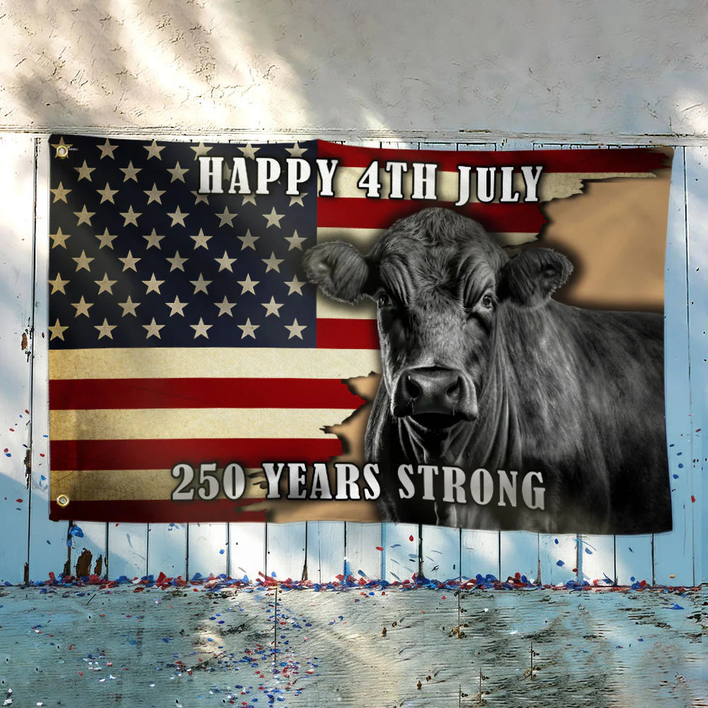 Black Angus Cattle Flag, 250 Years Strong Patriotic Cow Farm