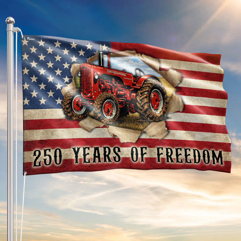 Tractor Farmer Flag, 250 Years of Freedom Red Tractor