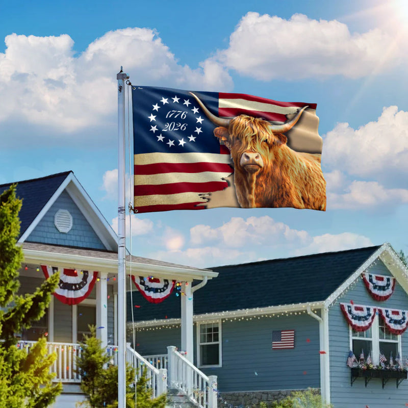 250 Years Strong Highland Cow American Flag for Farmhouse Patriotic Decor
