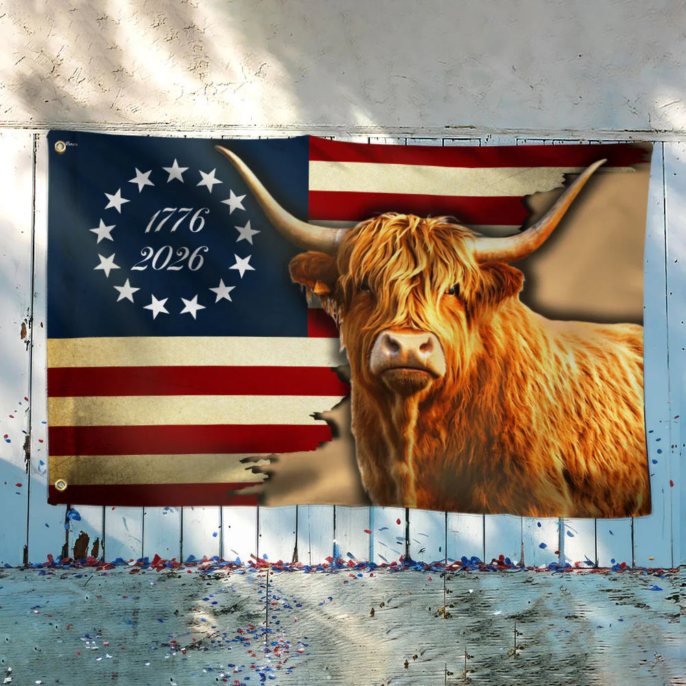250 Years Strong Highland Cow American Flag for Farmhouse Patriotic Decor