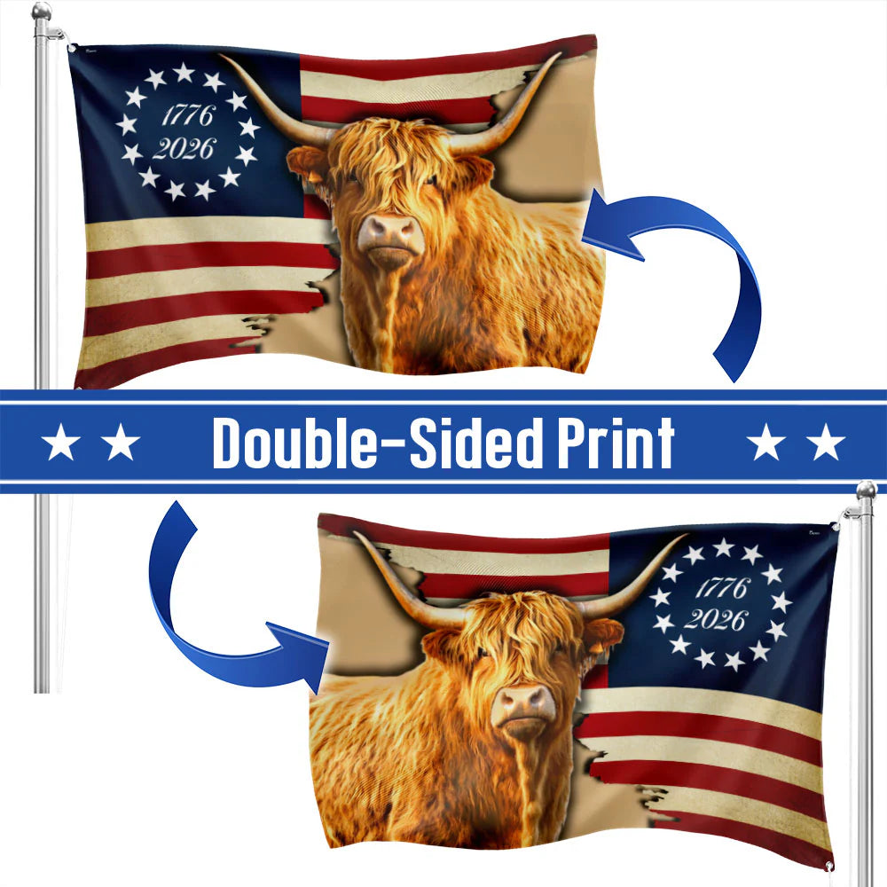 250 Years Strong Highland Cow American Flag for Farmhouse Patriotic Decor