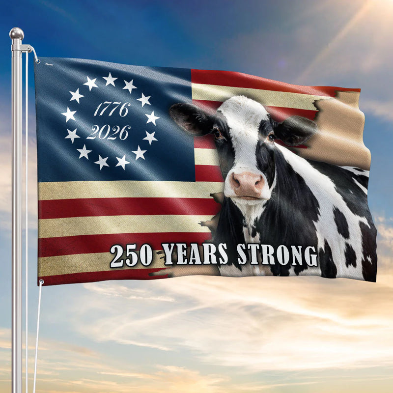 250 Years Strong Dairy Cow American Flag for Farm Patriotic Deco