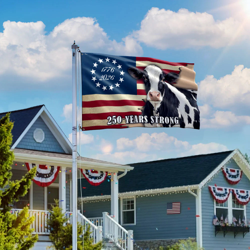 250 Years Strong Dairy Cow American Flag for Farm Patriotic Deco