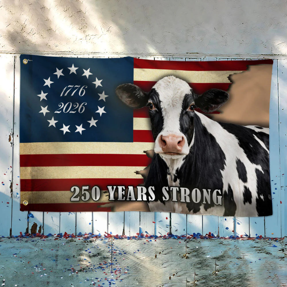 250 Years Strong Dairy Cow American Flag for Farm Patriotic Deco