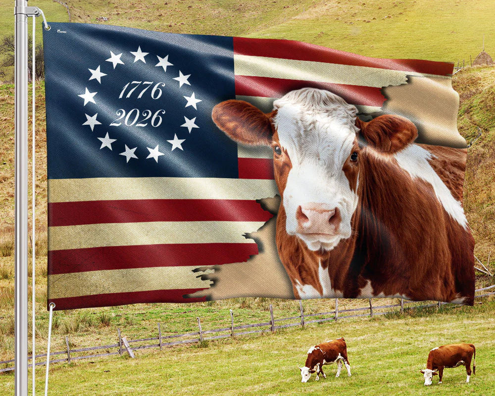 Hertford Cow American Flag, 1776 2026 Proud Cow Farmer Grommet Flag