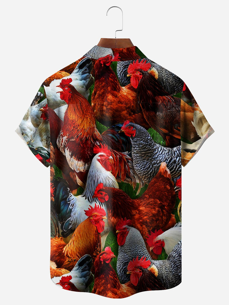 Farm Chicken Chest Pocket Short Sleeve Casual Hawaiian Shirt