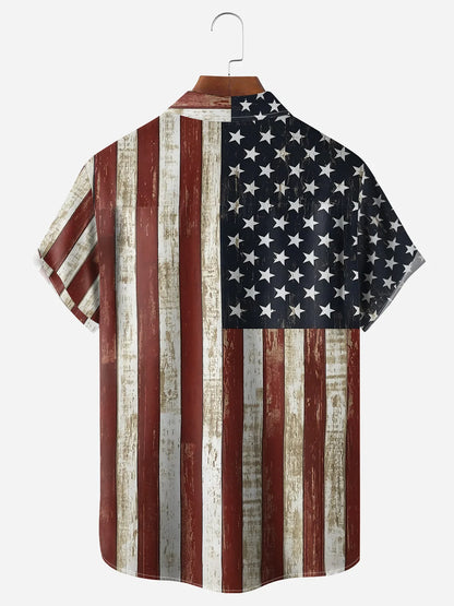 Rustic Rooster Hawaiian Shirt for Men, American Flag Barn Wood Print, 4th of July Farmhouse Country Gift