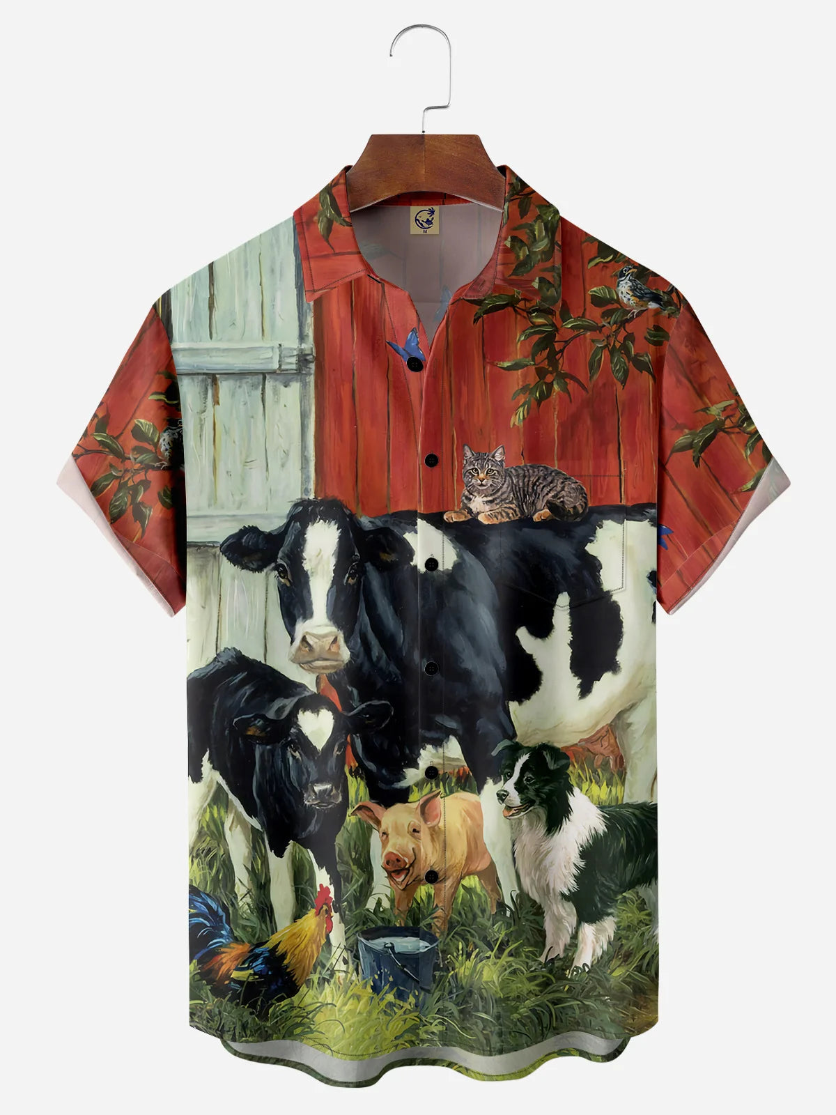 Farm Dairy Cow Chest Pocket Short Sleeve Casual Hawaiian Shirt