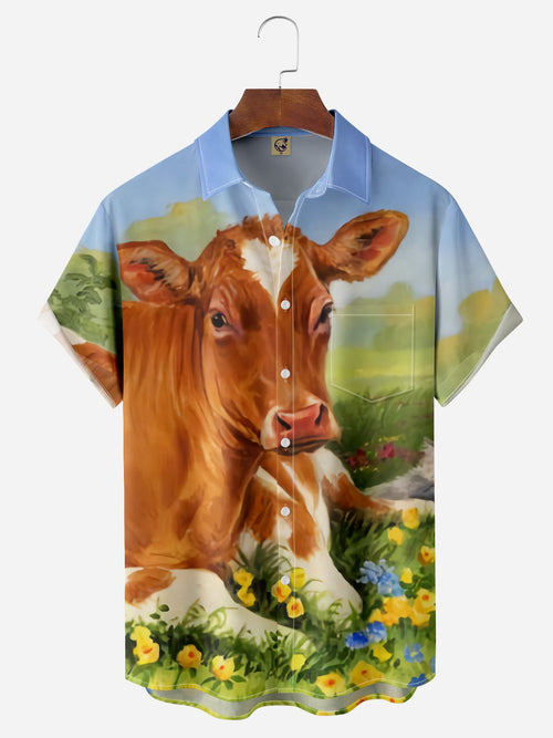 Cow Farming Chest Pocket Short Sleeve Casual Hawaiian Shirt