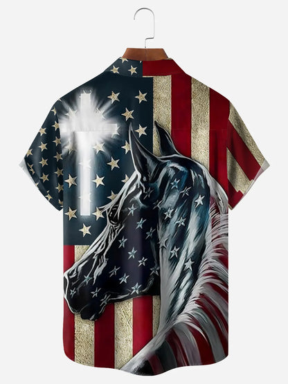 Christian Horse Hawaiian Shirt for Men, American Flag Cross Print, Faith Family Freedom Patriotic Gift
