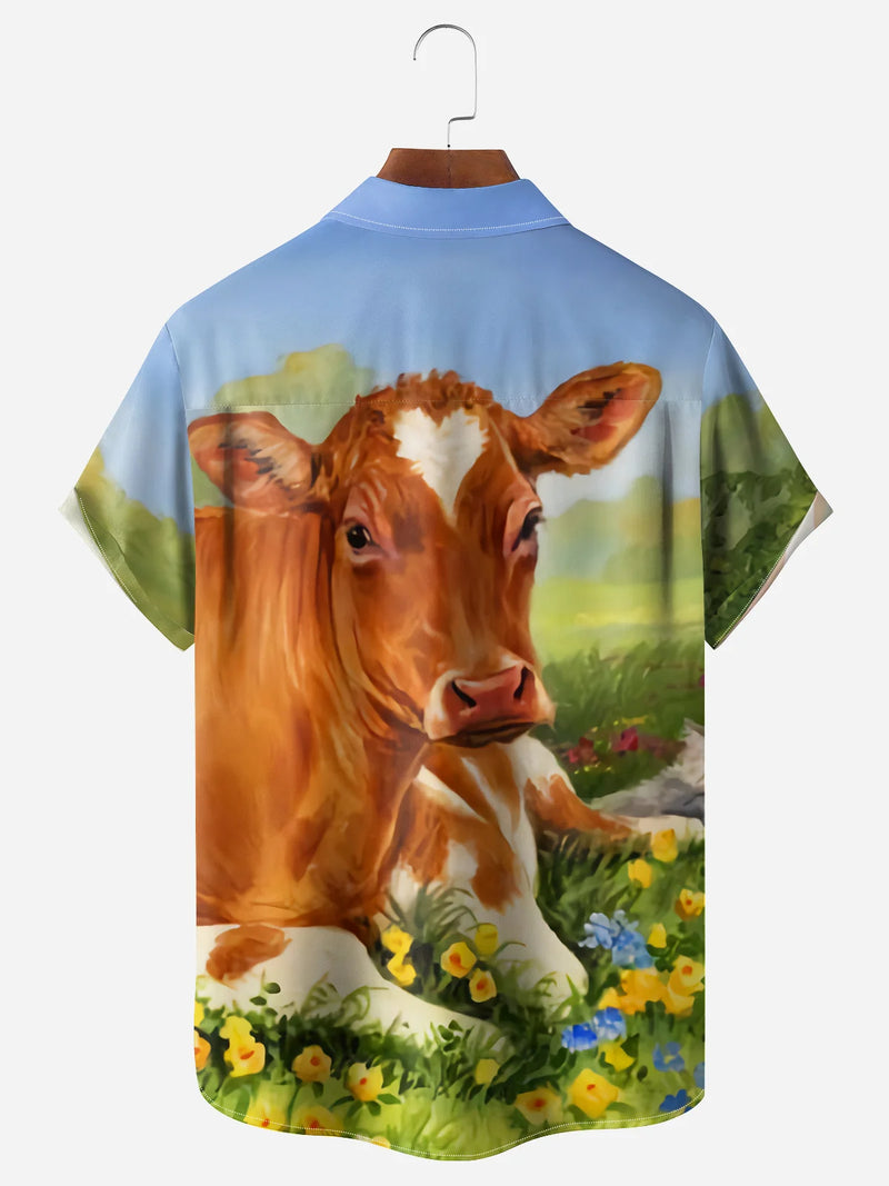 Cow Farming Chest Pocket Short Sleeve Casual Hawaiian Shirt