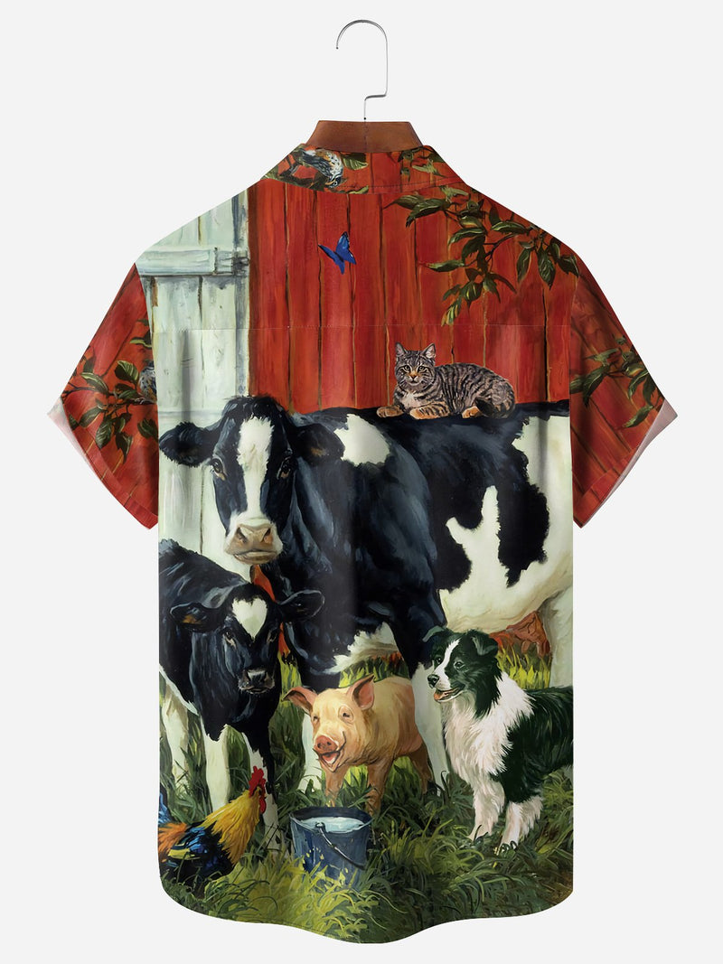 Farm Dairy Cow Chest Pocket Short Sleeve Casual Hawaiian Shirt