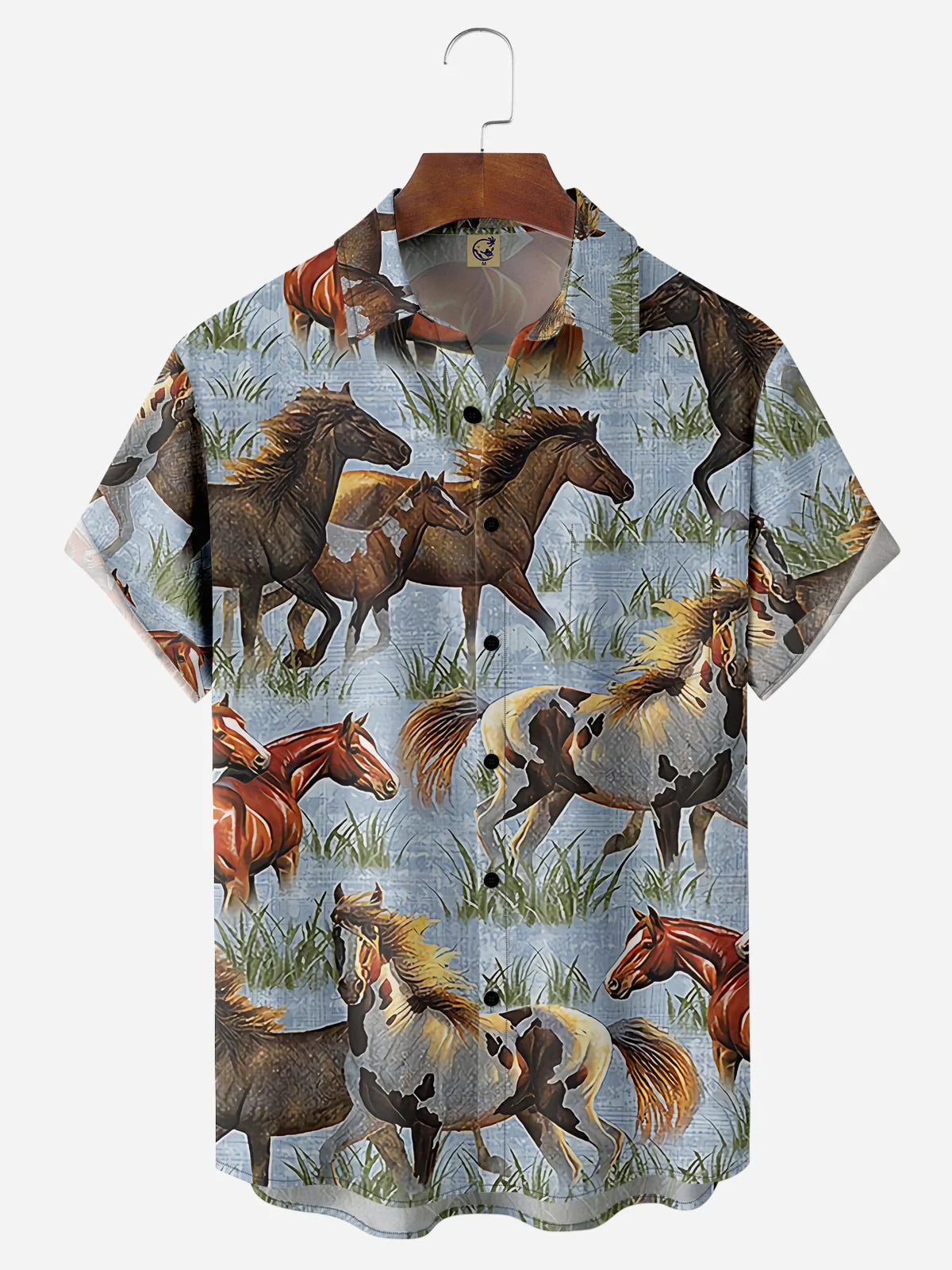 Western Horse Chest Pocket Short Sleeve Casual Hawaiian Shirt