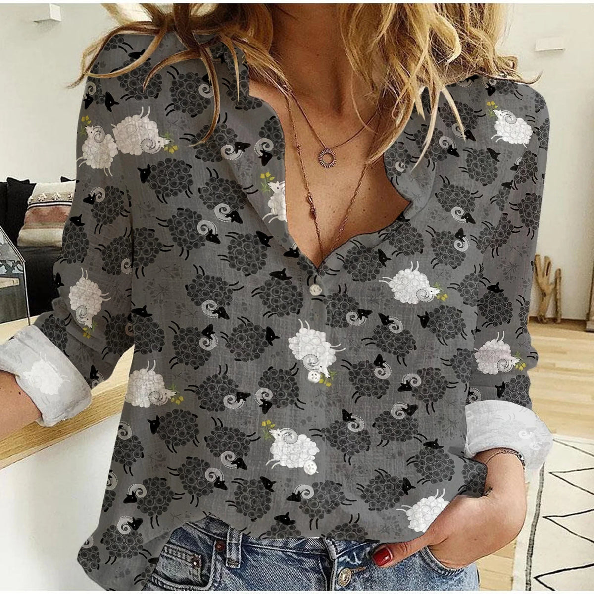 Women's Black White Sheep Print Button Down Shirt | Cute Black Sheep Pattern Long Sleeve Casual Shirt