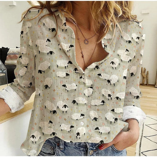 Sheep Women Casual Linen Shirt —  Cute Flock Print Button Down Shirt  For Sheep Lovers