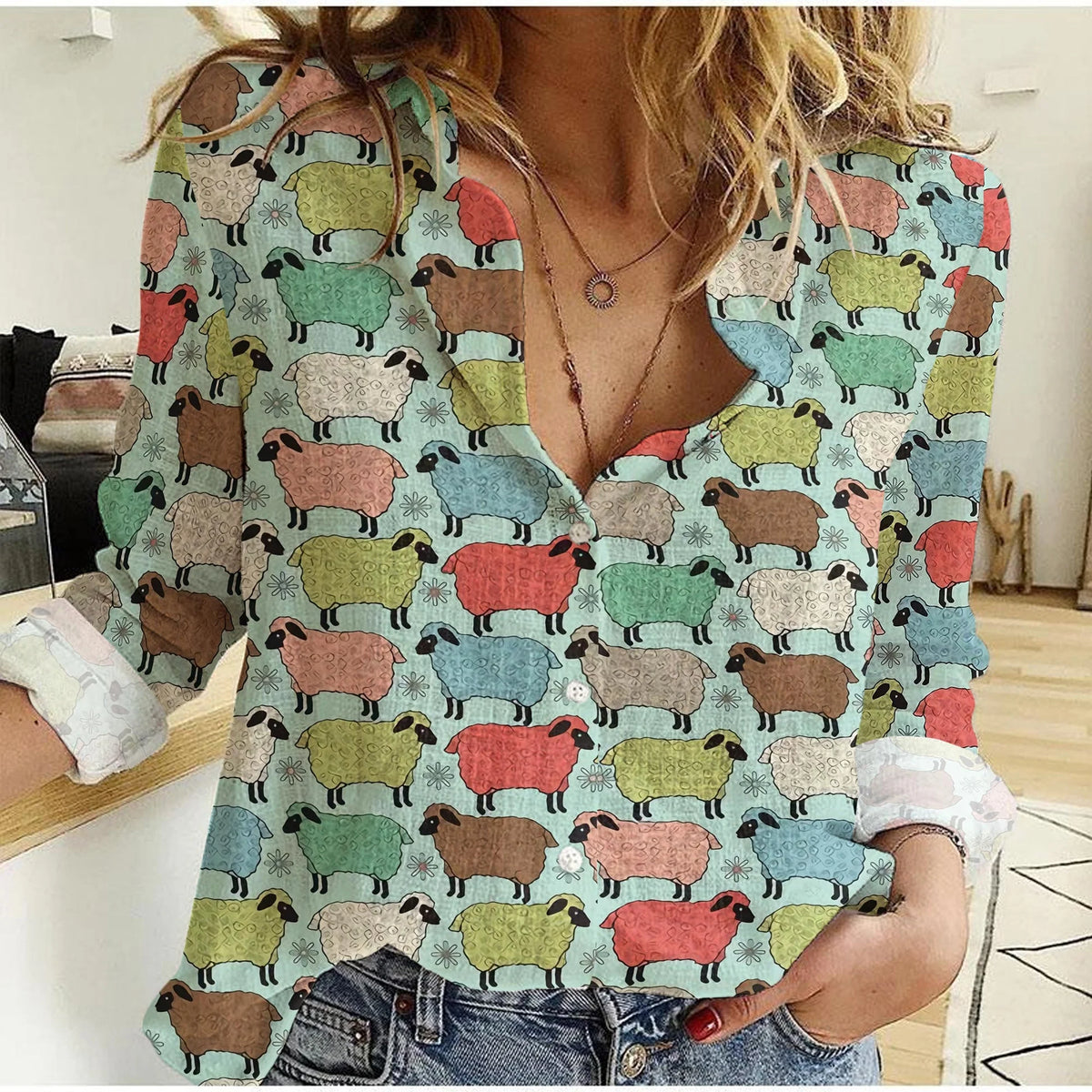 Women's Colorful Sheep Print Button Down Shirt | Cute Farm Lamb Pattern Long Sleeve Casual Shirt