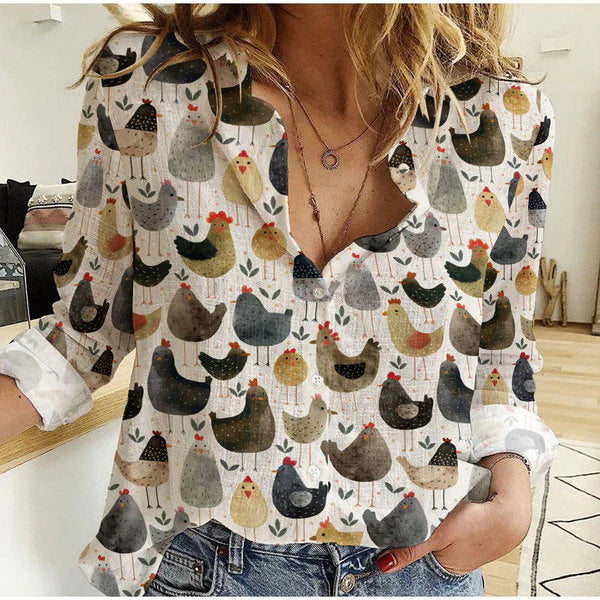 Women's Chicken Shirt - Cute Hen Print Button Up Casual Blouse Farmhouse Country Long Sleeve Top for Chicken Lover Mom