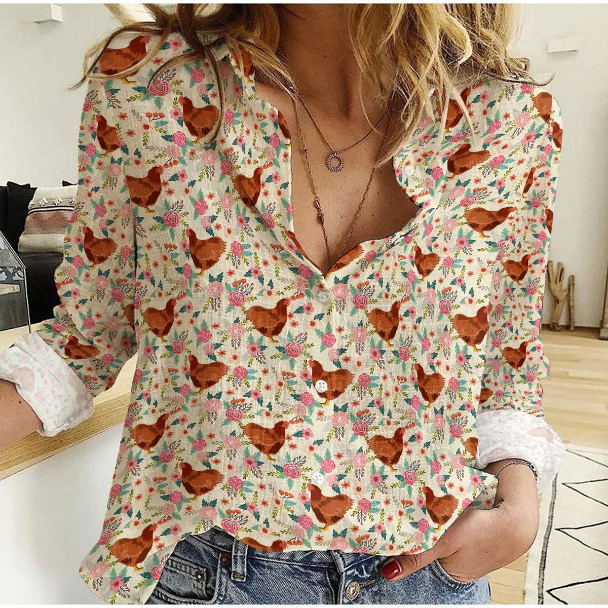 Women's Casual Shirt Chicken Floral Print Button Up – Long Sleeve Cream Blouse