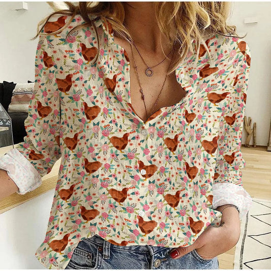 Women's Casual Shirt Chicken Floral Print Button Up – Long Sleeve Cream Blouse