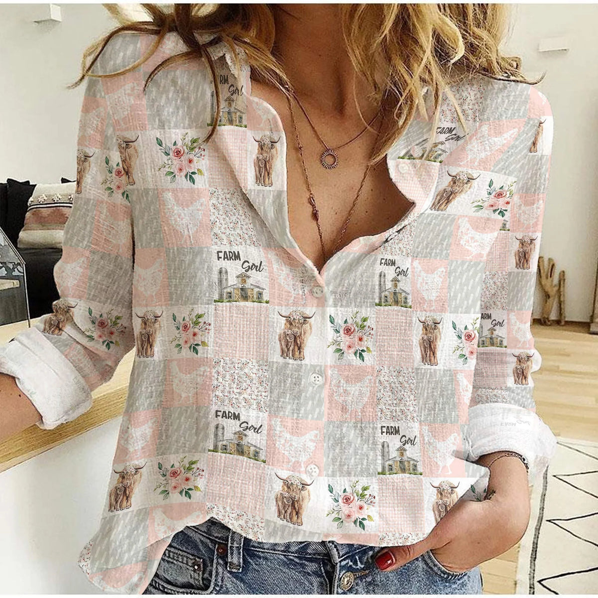 Women's Farm Girl Highland Cow Button Down Shirt | Patchwork Plaid Floral Long Sleeve Casual Shirt