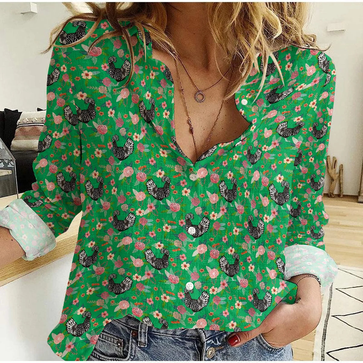 Women's Chicken Casual Shirt - Wyandotte Hen Floral Green Print Blouse Farmhouse Country Long Sleeve Top for Backyard Chicken Lover