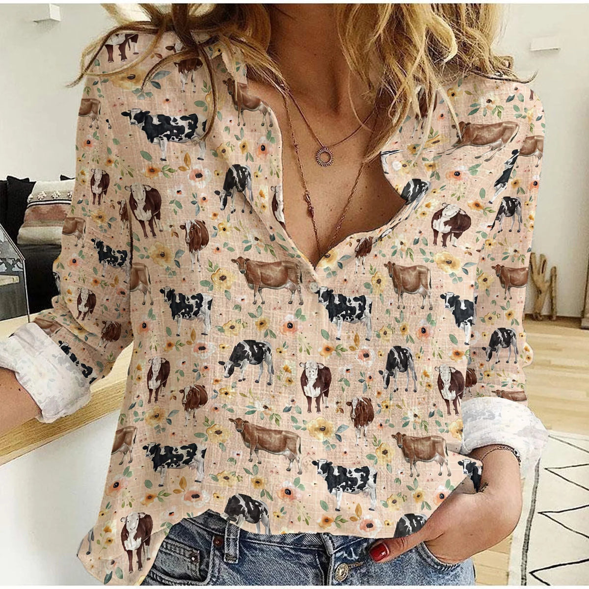 Women's Cow Casual Shirt - Multi Breed Floral Print Blouse Farmhouse Western Long Sleeve Top for Cattle Lover Cow Mom