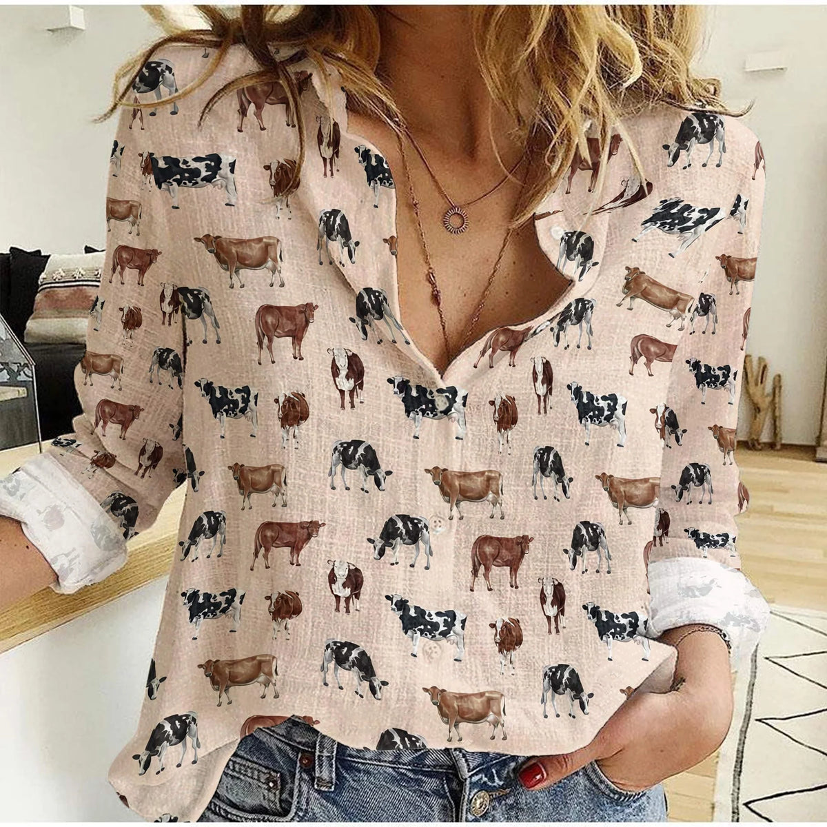 Women's Cute Cow Print Button Down Shirt | Realistic Holstein Dairy Cow Pattern Long Sleeve Casual Shirt