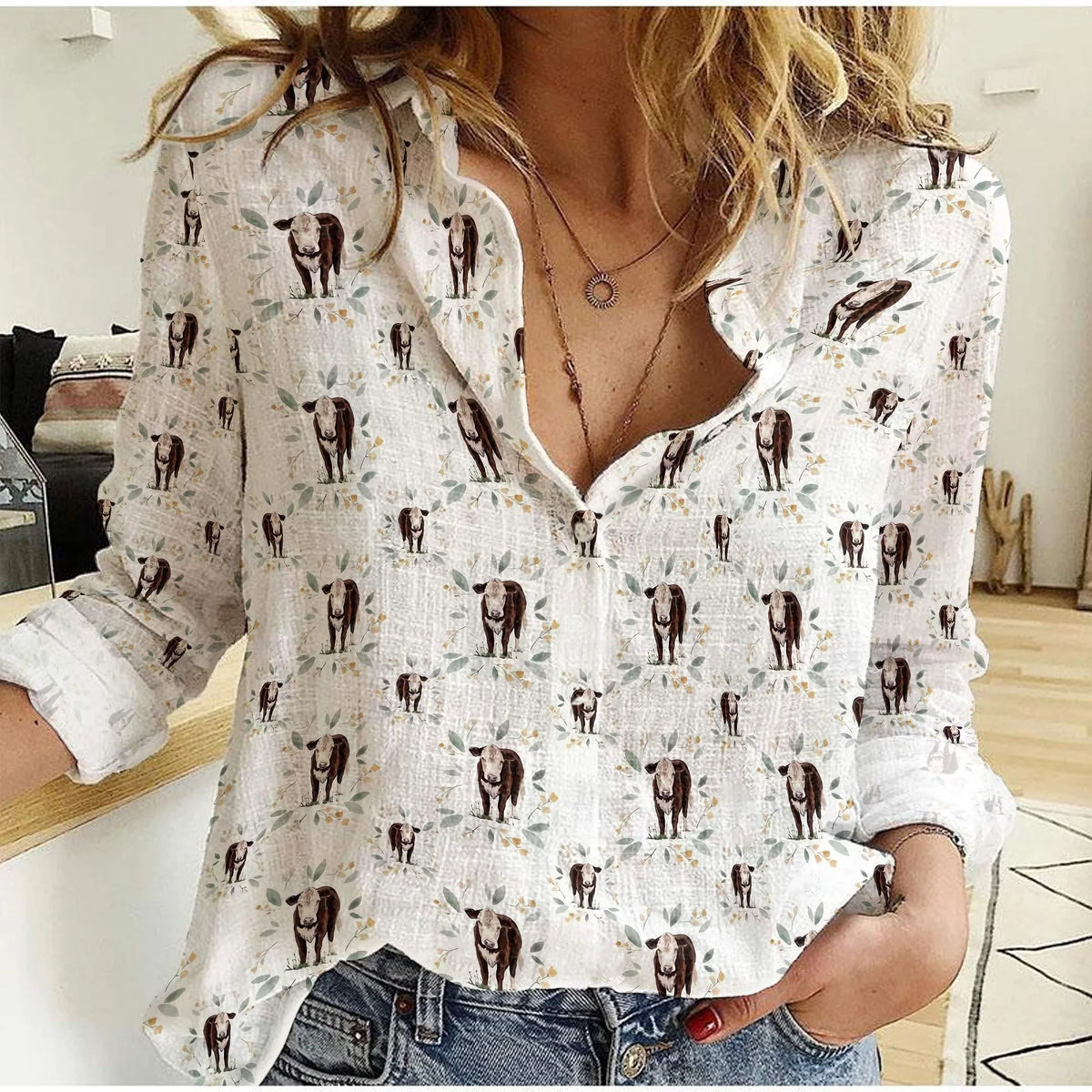 Women's Cow Casual Shirt - Hereford Cattle Floral Print Blouse Farmhouse Western Long Sleeve Top for Cattle Rancher Cow Lover