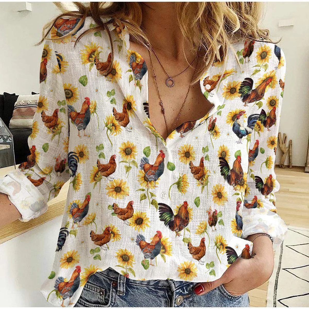 Chicken Sunflower Women Casual Shirt — Rooster Sunflower Button Down  Shirt For Chicken And Sunflower Lovers