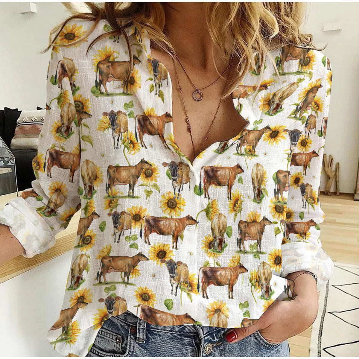 Women's Cow Sunflower Print Button Down Shirt | Jersey Dairy Cow Sunflower Long Sleeve Casual Shirt