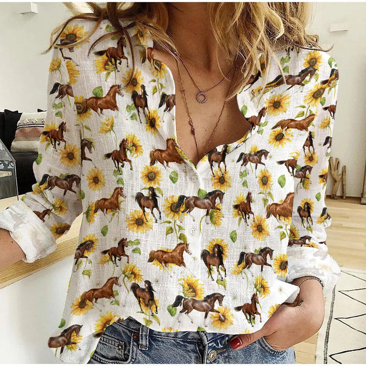 Women's Horse Casual Shirt - Running Horse Sunflower Print Blouse Farmhouse Western Long Sleeve Top for Horse Lover Cowgirl Equestrian