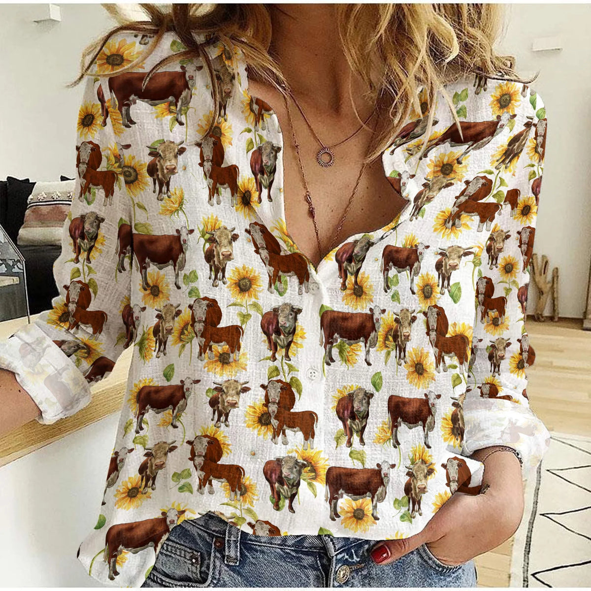 Women's Cow Casual Shirt - Hereford Cattle Sunflower Print Blouse Farmhouse Western Long Sleeve Top for Cattle Rancher Cow Lover