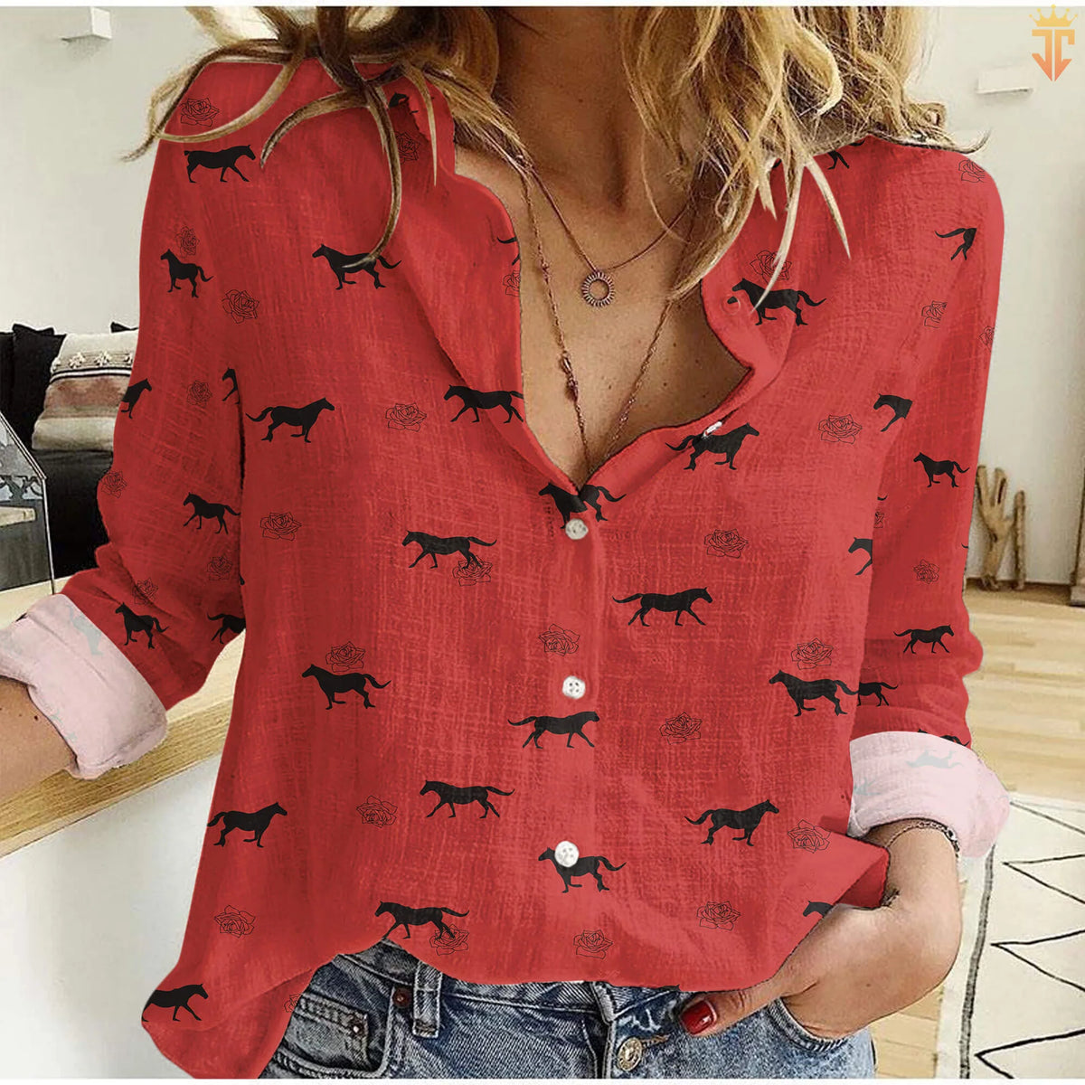 Black Horse Rose Women's Casual Shirt — Red Western Horse Silhouette All-Over Print