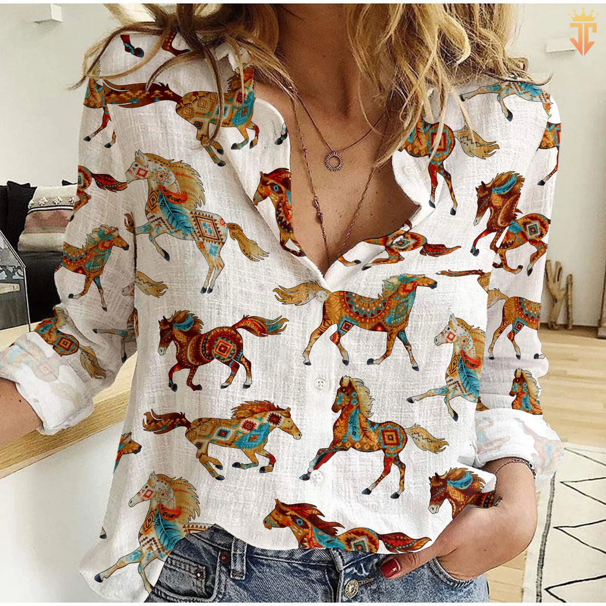 Horse Pattern White Casual Shirt