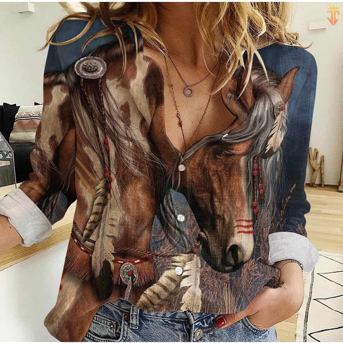 Native American War Horse Women's Casual Shirt — Photorealistic Feather Horse All-Over Print