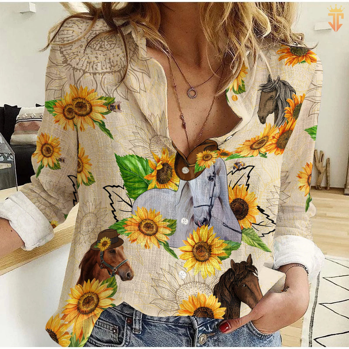 Sunflower Horse Women's Casual Shirt — Country Girl Sunflower Horse All-Over Print Beige