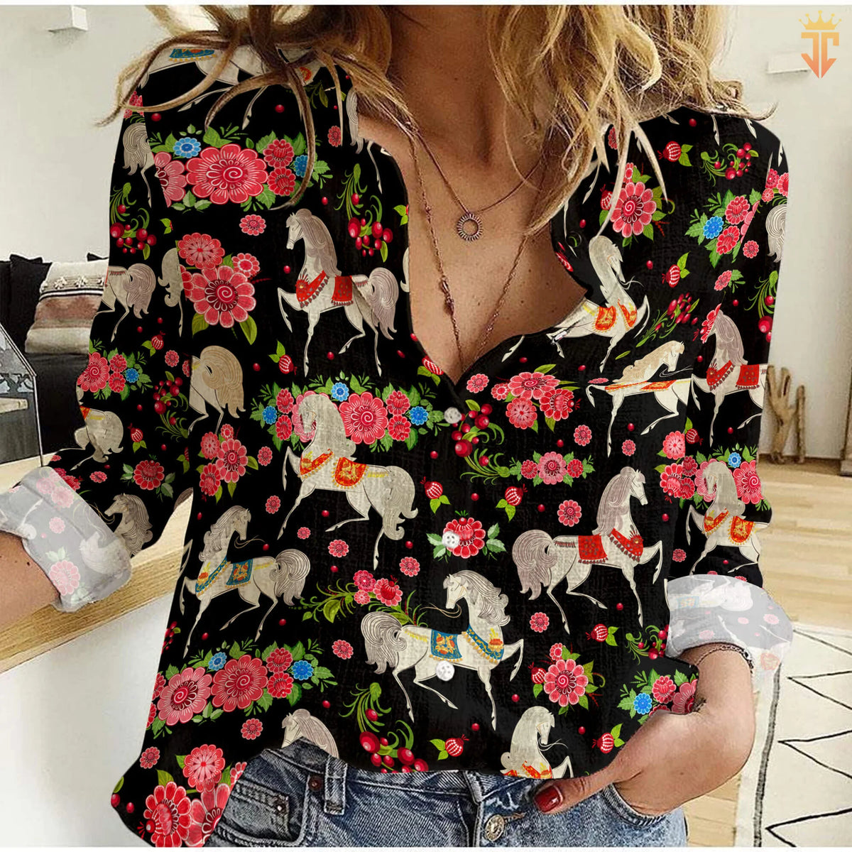 Folk Art Horse Women's Casual Shirt — Eastern European Floral Horse All-Over Print Black