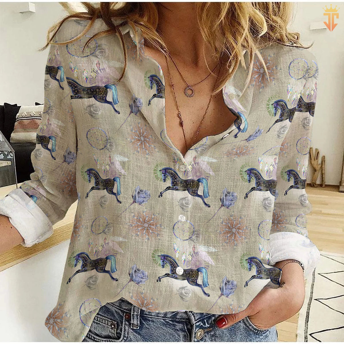 Mystical Carousel Horse Women's Casual Shirt — Boho Dreamcatcher Horse All-Over Print Beige