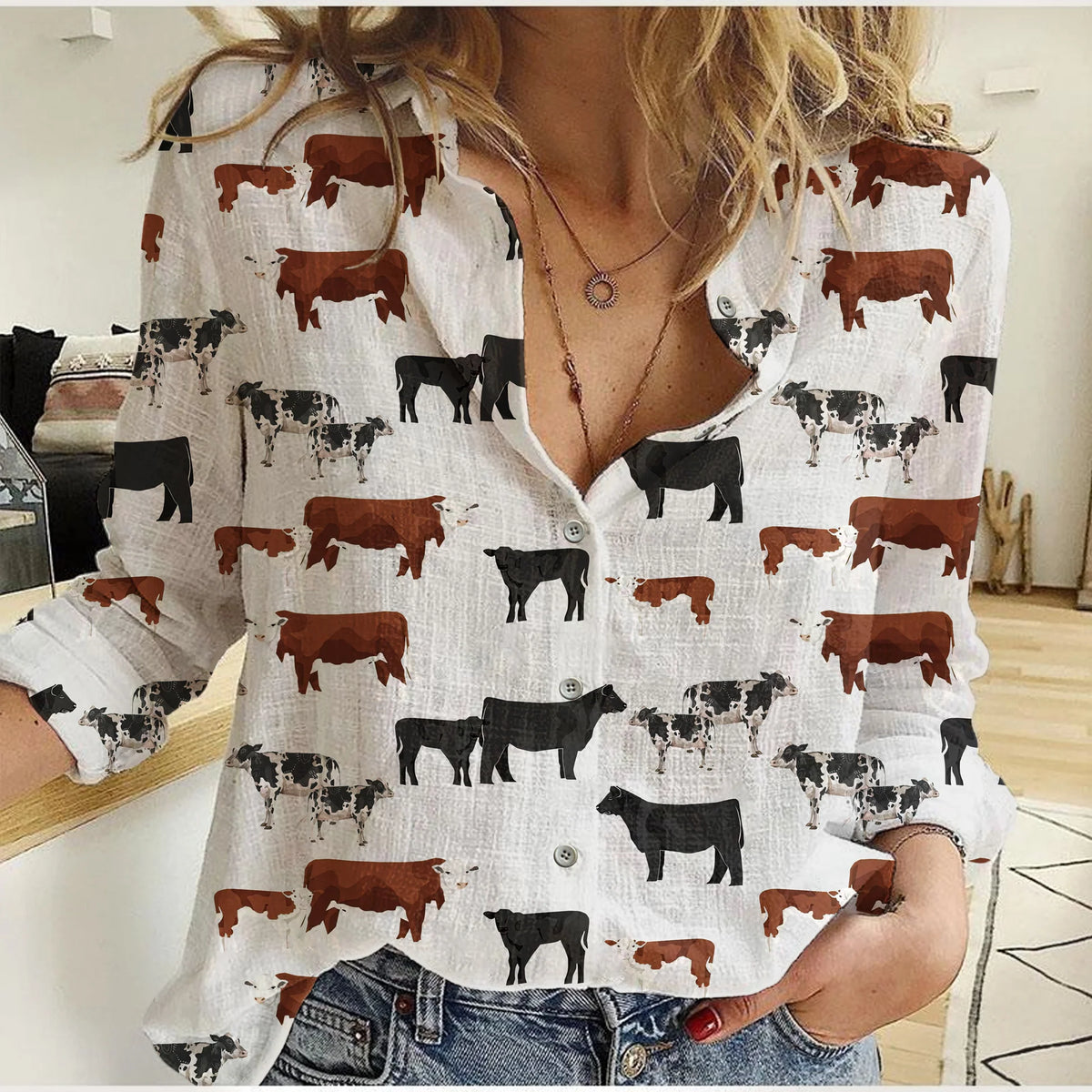 Cattle Breed Women's Casual Shirt — Black Angus Hereford Holstein All-Over Print White